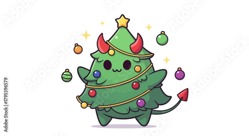 Whimsical Christmas Tree with Devilish Horns and Tail, Adorned with Baubles, Radiating Festive Sparkle
