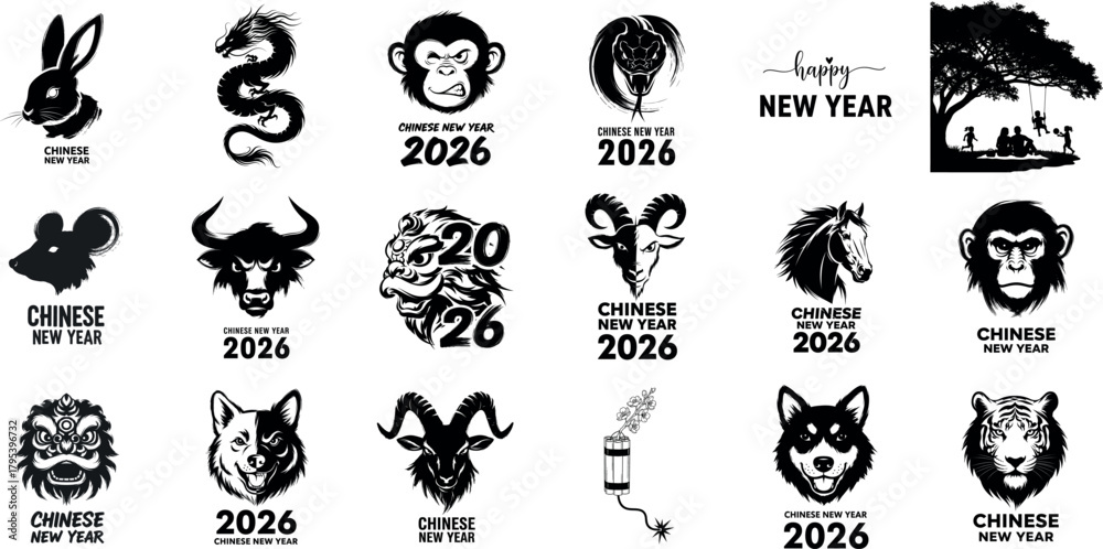 Naklejka premium Collection of chinese zodiac animals and symbols for the new year celebration in a black and white artistic style