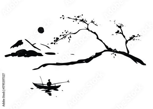 Sumi-e Landscape with Boat Vector T-Shirt