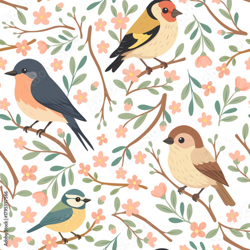 Papier peint Seamless spring bird pattern with blooming branches and pastel florals