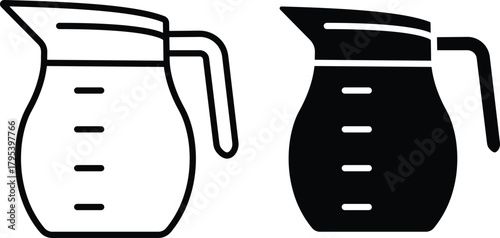 Beverage Pitcher Jug with Handle and Measurement Markings Outline and Solid Vector Silhouette and Pictogram..eps