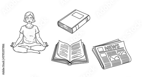 Woman meditating while surrounded by books and newspapers  Digital Detox & Digital Wellbeing icon set