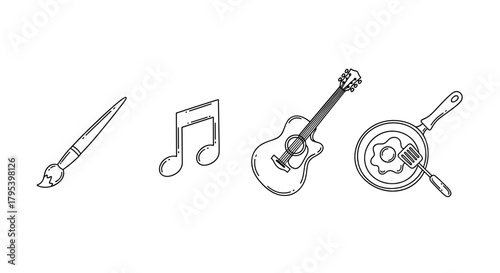 Art tools including paintbrush, music note, guitar, and frying pan  Digital Detox & Digital Wellbeing icon set