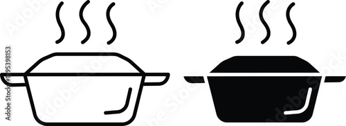 Hot Steaming Pot Dish Casserole Cookware Kitchen Outline and Solid Vector Silhouette and Pictogram..eps