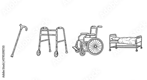 Medical mobility aids including cane, walker, wheelchair, and bed  Age-Tech & Smart Home for Seniors