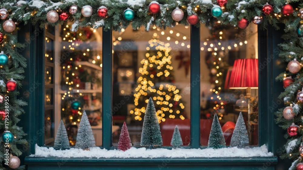 Fototapeta premium Dark Teal Christmas Storefront: Festive Garland, Red Ornaments and Miniature Trees