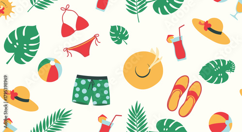 Bright and colorful summer vacation symbols scattered across a white background.