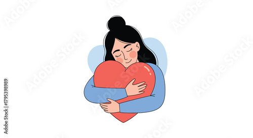 A woman embraces a large red heart symbolizing self love and acceptance.