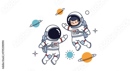 Two adorable cartoon astronauts floating happily in outer space among planets and stars