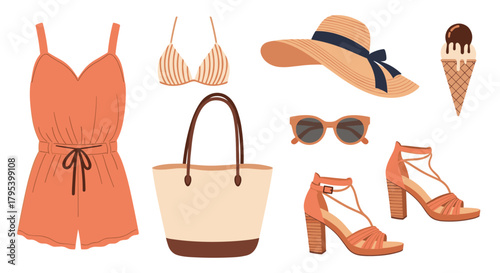 A delightful collection of summer essentials including a peach romper a stylish straw hat and chic sandals for a perfect vacation look.