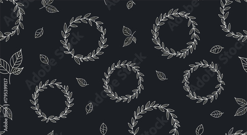 A dark background with repeating white sketched laurel wreaths and scattered autumn leaves creating an elegant organic pattern.