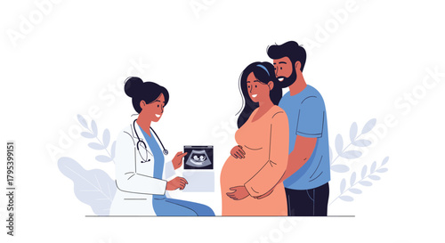 A medical professional explains an ultrasound image to a happy expecting couple during a prenatal appointment.