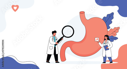 Doctors examine a human stomach illustration with a magnifying glass and medical chart illustrating digestive health and gastrointestinal science concepts.