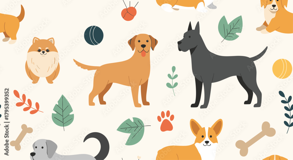 Fototapeta premium A vibrant and playful illustration featuring a diverse collection of adorable dogs and playful accessories on a soft, warm-toned background, perfect for pet-themed designs and children's products.