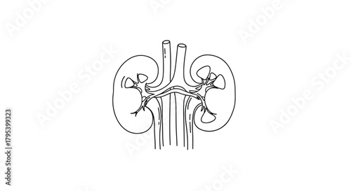 An anatomical illustration depicting the renal system including two kidneys ureters and their associated vasculature and collecting ducts.