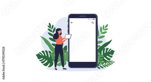 A woman with dark hair stands next to a large smartphone and uses a tablet.