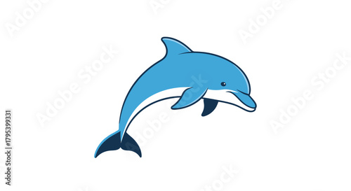 A vibrant blue dolphin gracefully leaping out of the ocean water during the day.