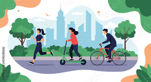 Active people enjoying outdoor activities in a city park with trees and skyscrapers in the background.