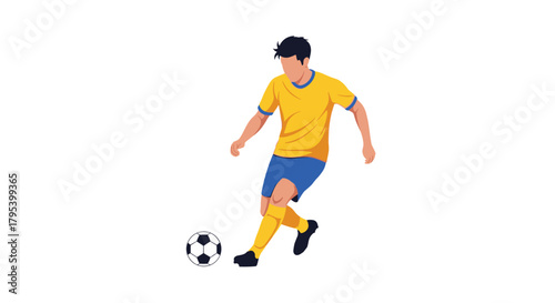 A male soccer player in a yellow jersey and blue shorts skillfully dribbles a soccer ball during a game.