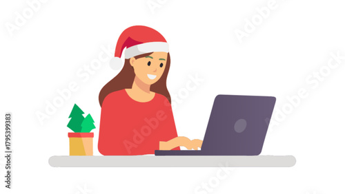 Christmas holiday woman working on laptop at home office festive season online shopping concept vector