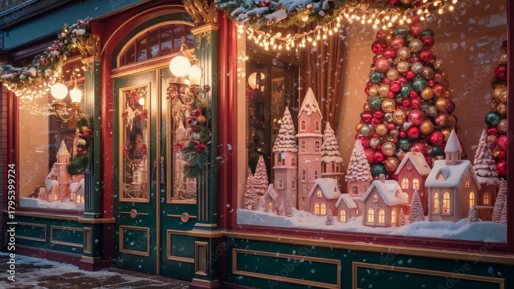 Fototapeta premium Magical Christmas window display with miniature village and snowy bokeh