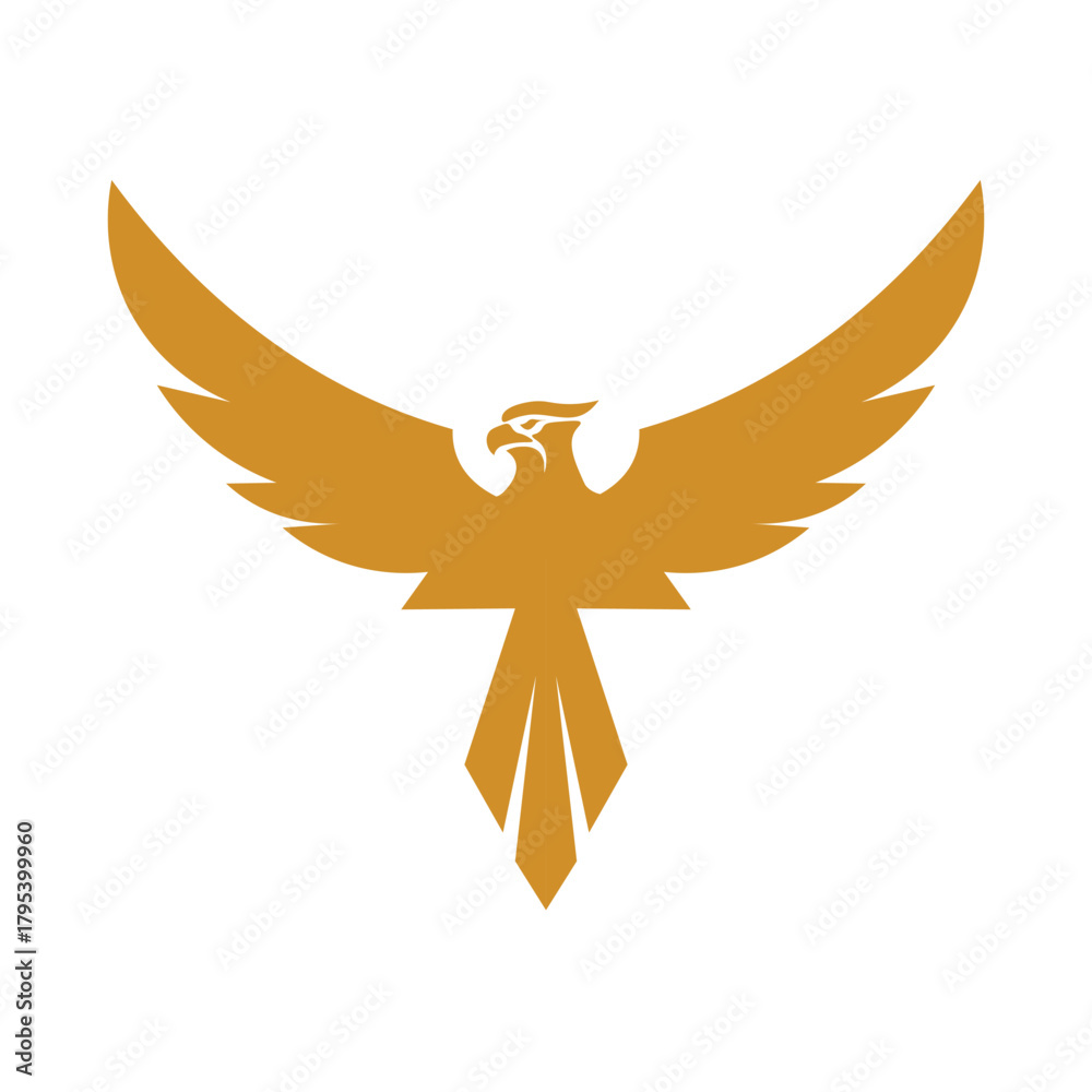 Obraz premium Golden stylized eagle or phoenix logo. Minimalist vector illustration of a majestic bird with spread wings, symbolizing power, freedom, and rise. Ideal for branding, identity, or mascot design
