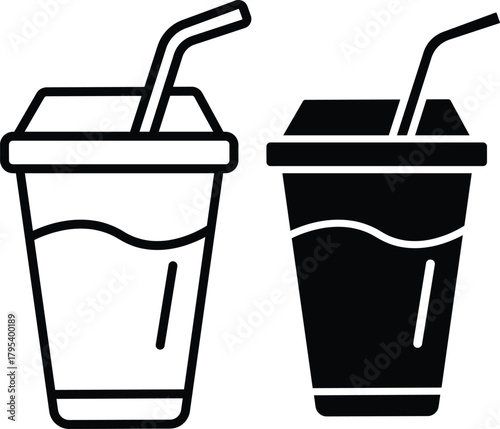 Refreshing Cold Drink Cup With Lid And Straw Icons Vector Silhouette and Pictogram..eps