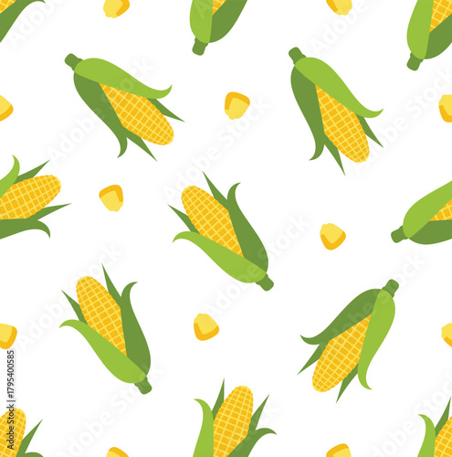 Seamless Flat Cartoon Corn Cob and Kernel Pattern Vector