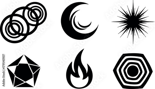Abstract geometric and elemental vector icons set with moon, fire, star, and polygons in black and white design