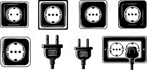 Electric power socket and plug vector icons set in black and white simple style for technology and industry use