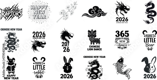 Collection of chinese new year 2026 zodiac symbols including dragons and rabbits with calligraphy and festive designs