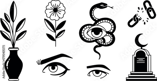 Botanical vase flower eye with snake crescent tombstone spiritual and natural vector symbols collection