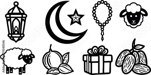 Islamic symbols crescent moon star lantern rosary sheep gift box and nuts vector icons set for religious culture design