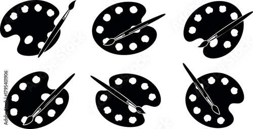 Artist paint palette and brush icon set vector design in black silhouette style for creative illustration and drawing tools pack