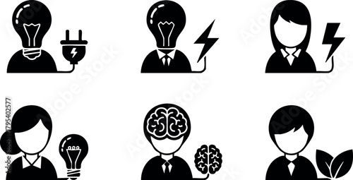 Innovative businesswoman icons with electric power ideas and eco-friendly concepts vector set