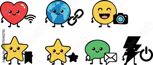 Cute emoji icons set with heart star smile and green chat symbols in vector style for digital communication design
