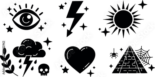 Mystical black magic symbols with eye heart lightning pyramid spider web vector icons collection