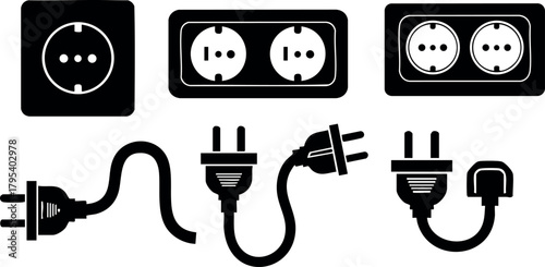 Electrical power plugs and sockets black icons set with different shapes and connection types vector illustration