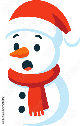 Surprised Snowman Wearing Santa Hat and Red Scarf Holiday Character Illustration
