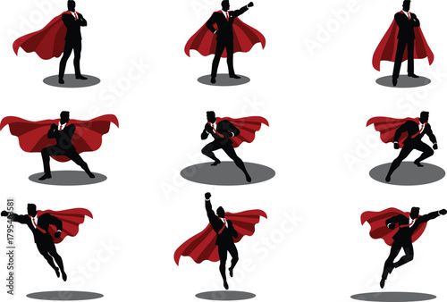 Superhero Businessman Silhouette in Action Poses with Red Cape Vector Set