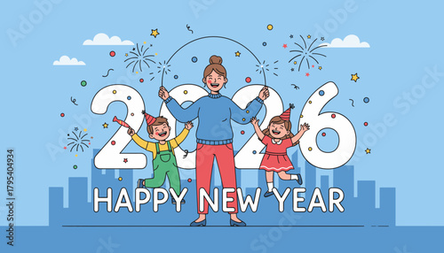 Family celebrates New Year 2026 with sparklers and fireworks against a city skyline