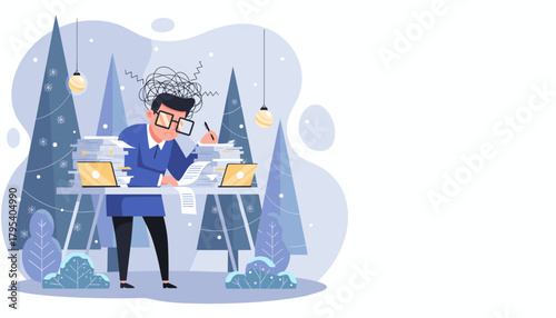 Stressed businessman overwhelmed by paperwork and deadlines during the busy winter holiday season