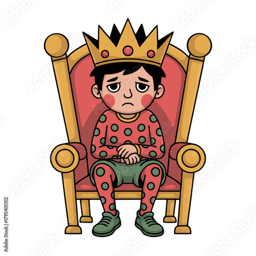 Cute young king with red sking allover his body and
green dots. sitting on a golden throne, looking sad and hopeless