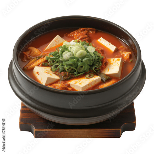Spicy tofu kimchi stew isolated on a transparent background