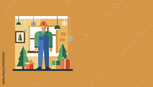 Contractor in overalls working during the winter holidays surrounded by Christmas decorations and gifts