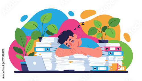Exhausted man sleeping on a huge stack of office documents business burnout and stress concept