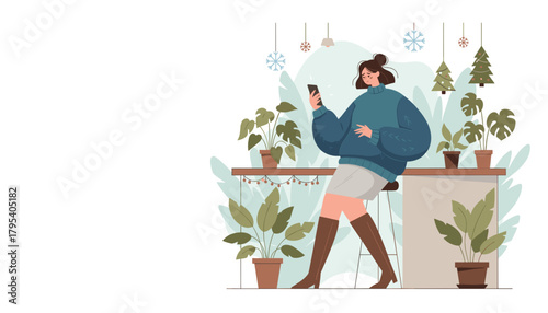 Woman using phone in cozy cafe with plants and holiday decor Casual lifestyle scene