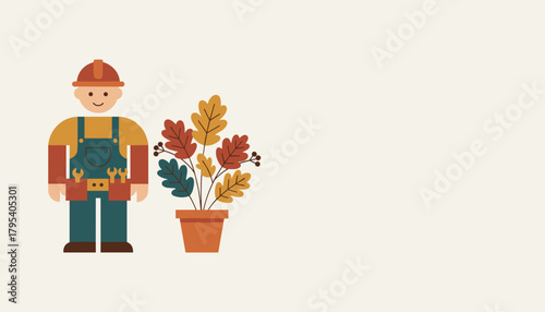 Minimalist illustration of a happy handyman next to an autumnal houseplant Maintenance concept
