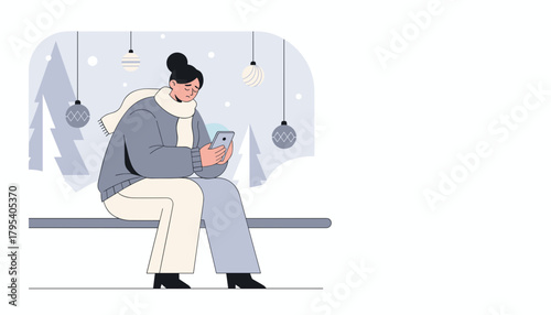 Sad woman checking phone during winter holidays dealing with isolation or stress