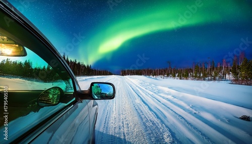aurora borealis reflected in car mirror snowy road